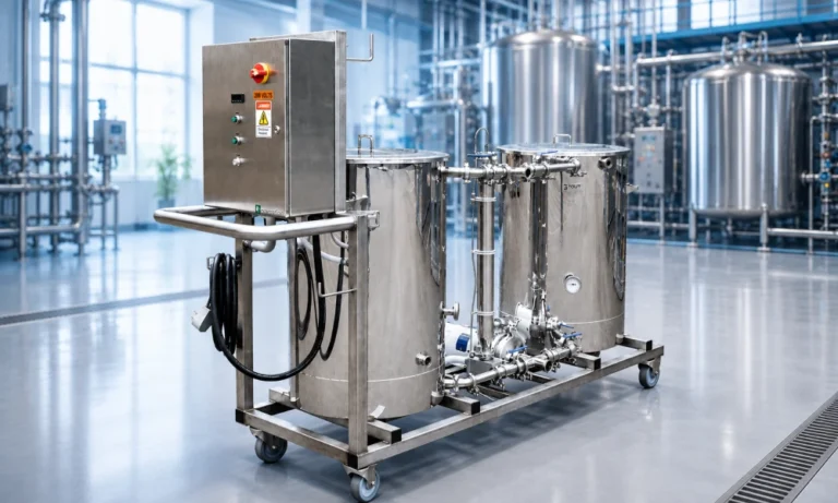 Industrial Clean-in-Place (CIP) system with stainless steel tanks and piping used for automated cleaning in pharmaceutical processing.