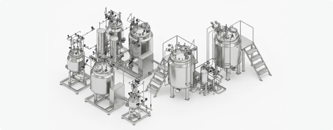 Esteril custom sterile process skid system with stainless steel vessels, integrated piping and automation controls
