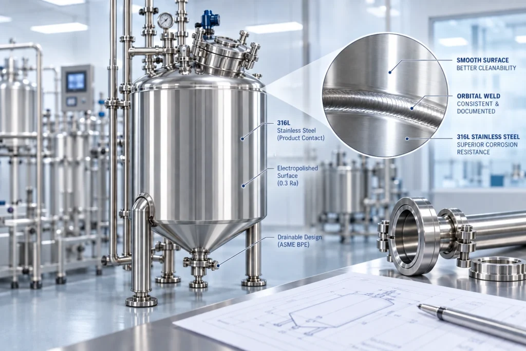 316L stainless steel aseptic holding tank with electropolished surface, orbital weld detail, sanitary piping, and drainable ASME BPE design