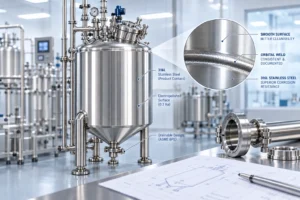 316L stainless steel aseptic holding tank with electropolished surface, orbital weld detail, sanitary piping, and drainable ASME BPE design