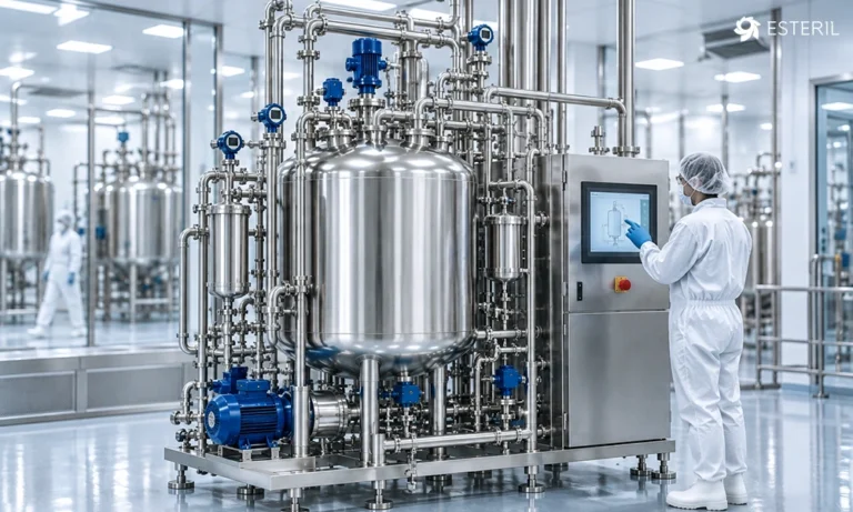 Automated clean-in-place CIP system with stainless steel process tank, sanitary piping, pumps and control cabinet in a pharmaceutical cleanroom.