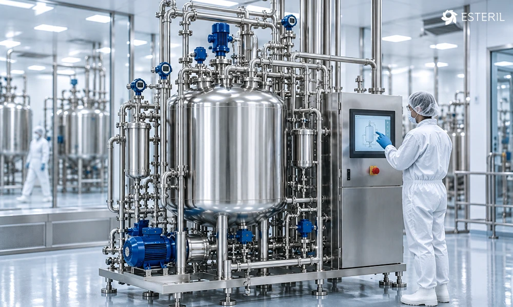 Automated clean-in-place CIP system with stainless steel process tank, sanitary piping, pumps and control cabinet in a pharmaceutical cleanroom.