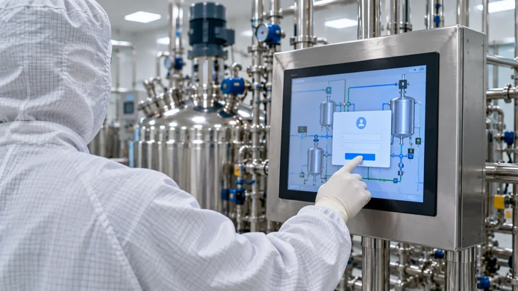Operator in cleanroom gown signing in at an HMI touchscreen mounted on a stainless steel process skid