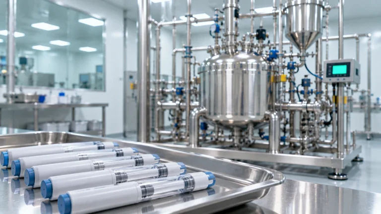 Stainless steel formulation vessel on a weighing platform beside a tray of injection pens in a pharma cleanroom
