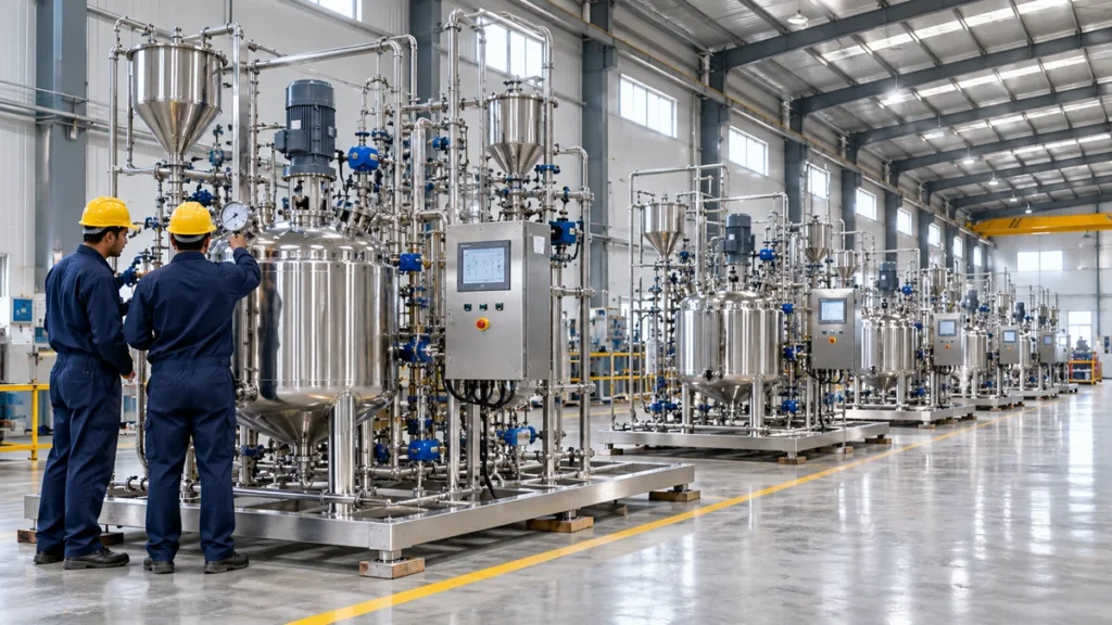Pre-assembled stainless steel process skids under test in a fabrication and FAT facility before shipment