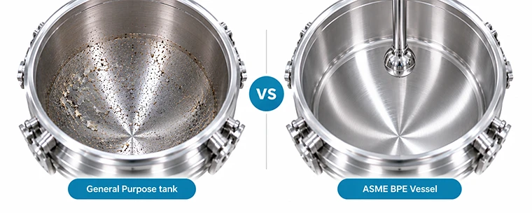 Comparison of a general-purpose stainless steel tank with visible residue and an ASME BPE vessel with a smooth, clean interior