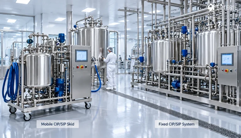 Mobile and fixed CIP/SIP skids in a pharmaceutical processing plant