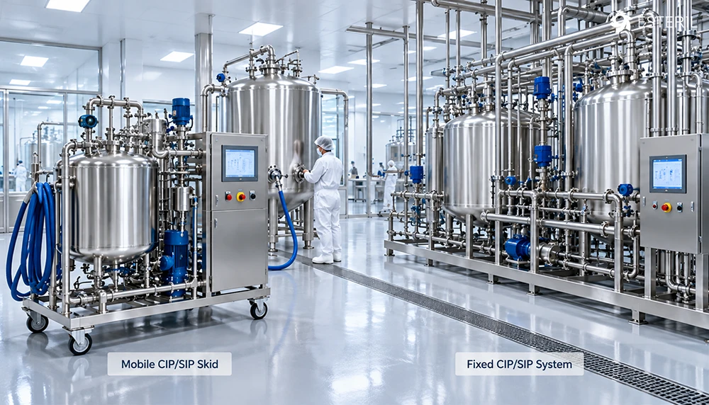 Mobile and fixed CIP/SIP skids in a pharmaceutical processing plant