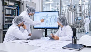 Pharmaceutical engineering team reviewing automation plans, process diagrams, and validation documentation in a manufacturing facility