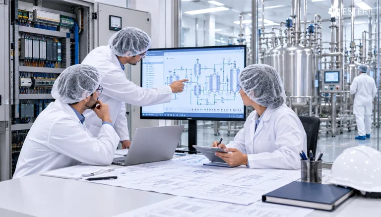 Pharmaceutical engineering team reviewing automation plans, process diagrams, and validation documentation in a manufacturing facility