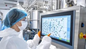 Pharmaceutical cleanroom operator monitoring a SCADA control system connected to stainless steel process equipment