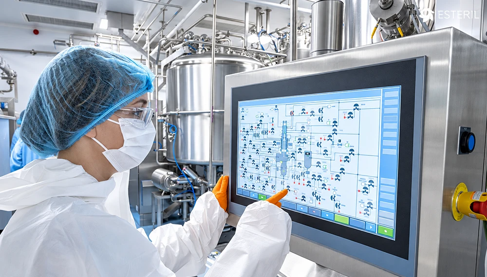 Pharmaceutical cleanroom operator monitoring a SCADA control system connected to stainless steel process equipment