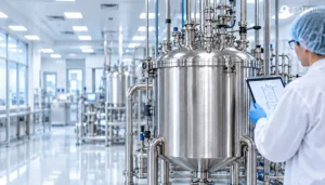 Stainless steel sterile manufacturing vessel in a pharmaceutical cleanroom with sanitary piping and a technician reviewing a vessel schematic