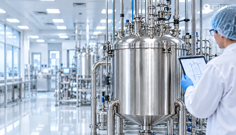 Stainless steel sterile manufacturing vessel in a pharmaceutical cleanroom with sanitary piping and a technician reviewing a vessel schematic