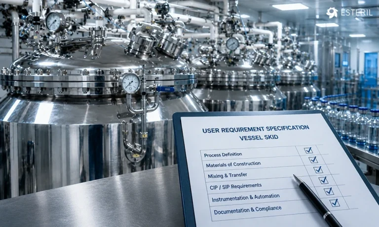 Sterile pharmaceutical manufacturing vessel skid with stainless steel process vessels and a URS checklist showing process, materials, mixing, CIP/SIP, automation, and compliance requirements.