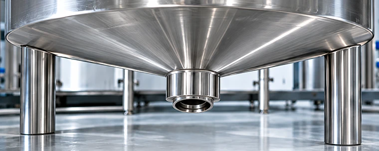 Alt text: Stainless steel sterile manufacturing vessel with a sloped bottom and central drain outlet for complete drainage