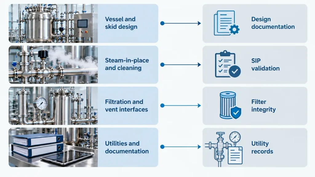 Diagram linking Annex 1 expectations to vessel, skid, utility and filtration interface checks