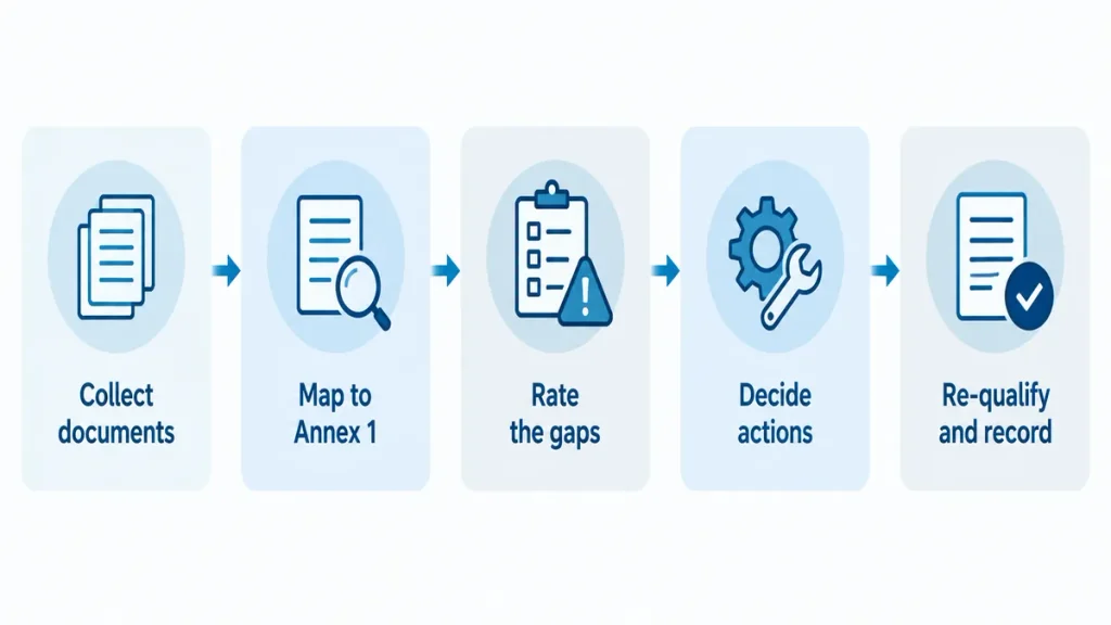 Five-step flow for an Annex 1 gap assessment of existing process equipment