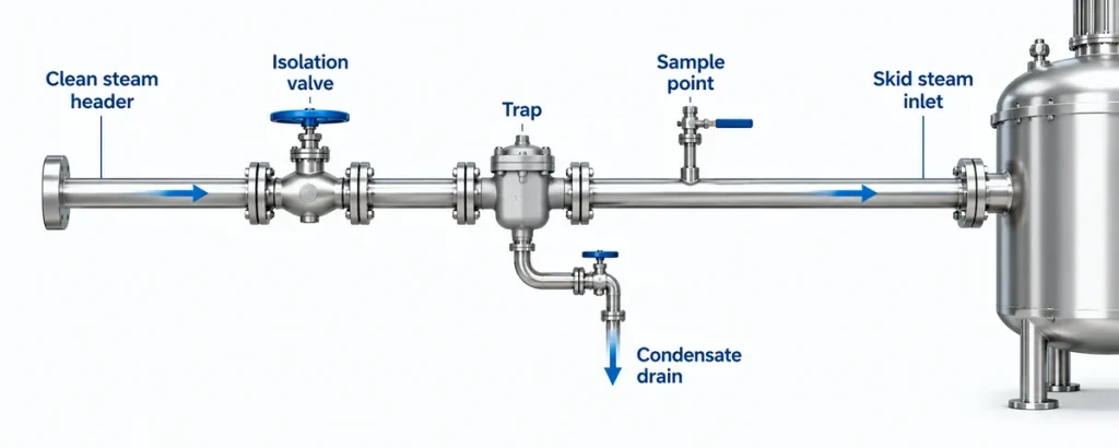 Diagram of clean steam supply to a skid with sampling and condensate drain points