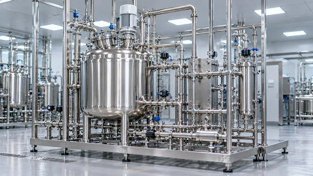 Pharmaceutical process skid with stainless steel piping and utility connection points