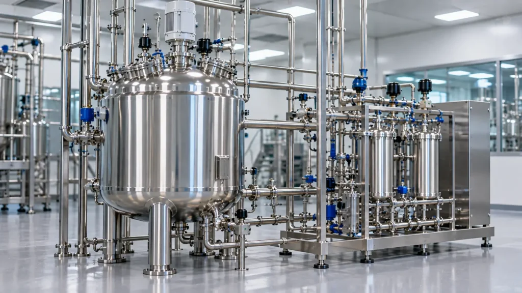 Stainless steel pharmaceutical process vessel and CIP skid prepared for cleaning validation