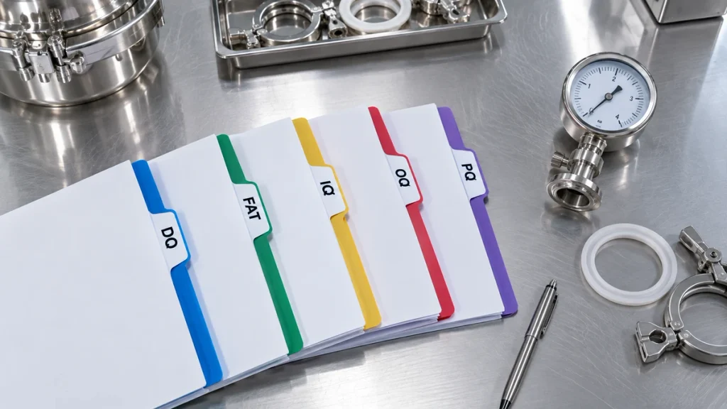 Equipment qualification documents DQ, FAT, IQ, OQ and PQ laid out beside a process skid