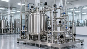 Stainless steel sterile holding vessel skid with orbital welded piping in a pharmaceutical facility