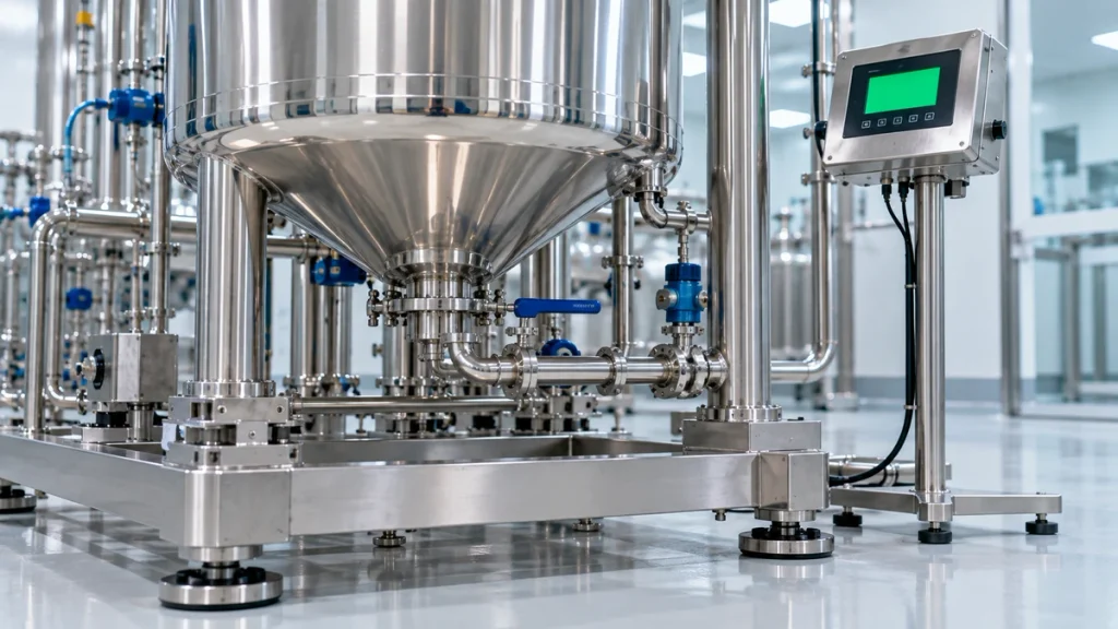Formulation vessel mounted on load cells with a digital weighing indicator for precise product transfer