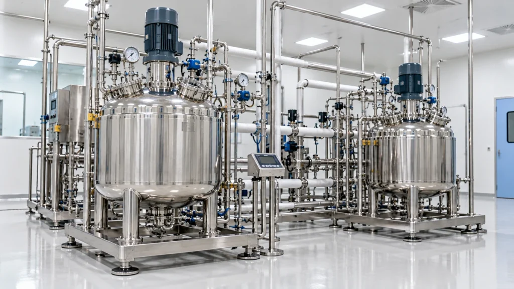Esteril manufacturing vessel skid with integrated piping and load cells in a cleanroom
