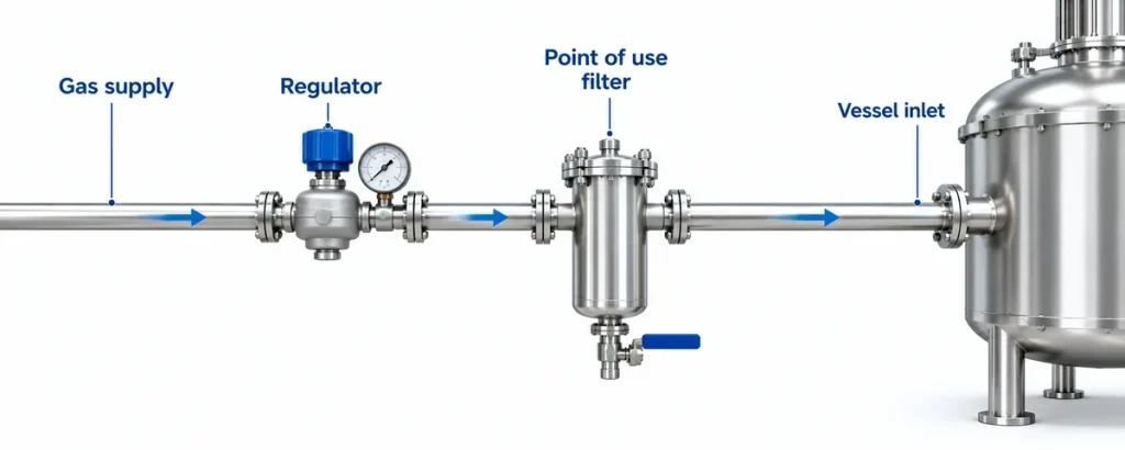 Schematic of a compressed gas line with a sterilising grade filter at the point of use on a vessel