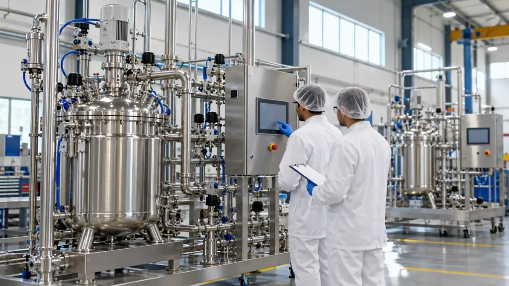 Engineers reviewing a process skid control screen during factory acceptance testing