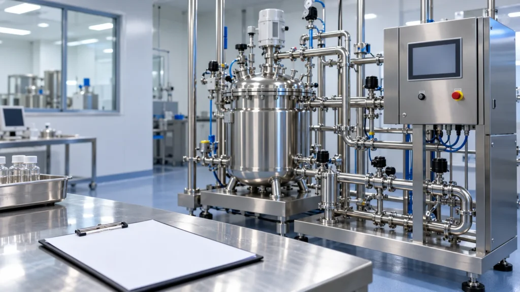 Stainless steel pharmaceutical process skid with vessel, sanitary piping and control panel in a cleanroom