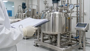 Inspector reviewing a stainless steel manufacturing vessel and its qualification file in a pharma cleanroom