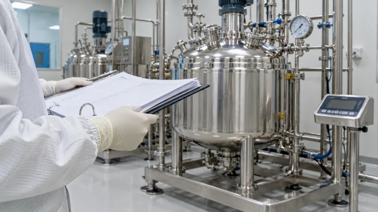Inspector reviewing a stainless steel manufacturing vessel and its qualification file in a pharma cleanroom