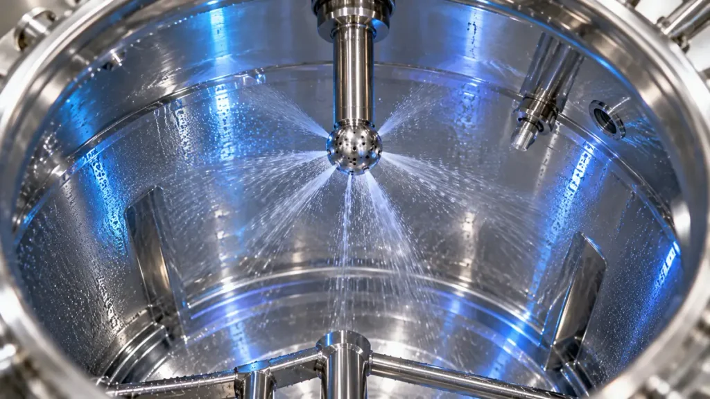 Spray coverage check inside a stainless steel vessel using riboflavin under UV light
