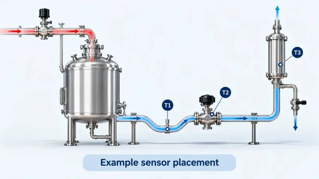 Schematic of a steam-in-place circuit with temperature sensors at the slowest-to-heat locations