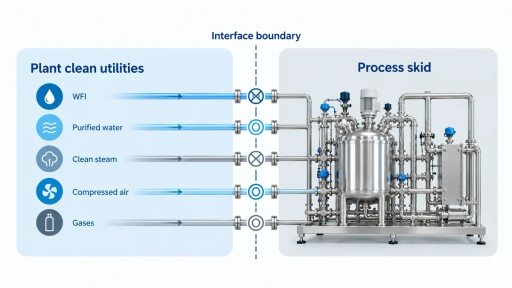 Diagram showing the boundary between plant clean utility systems and a process skid