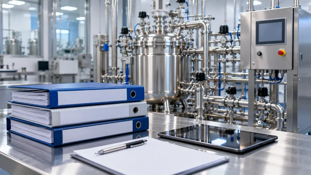 Qualification documentation binders beside a stainless steel process skid